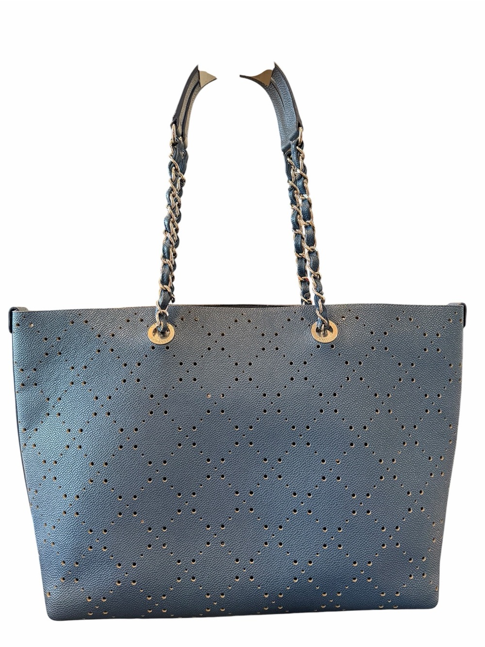 CHANEL Blue Perforated Leather Tote with Silver CC Charm - Picture 12 of 13